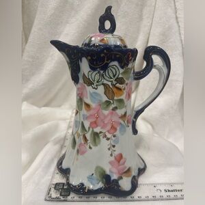 Hand painted Nippon chocolate pot. Cobalt blue and white w/flowers